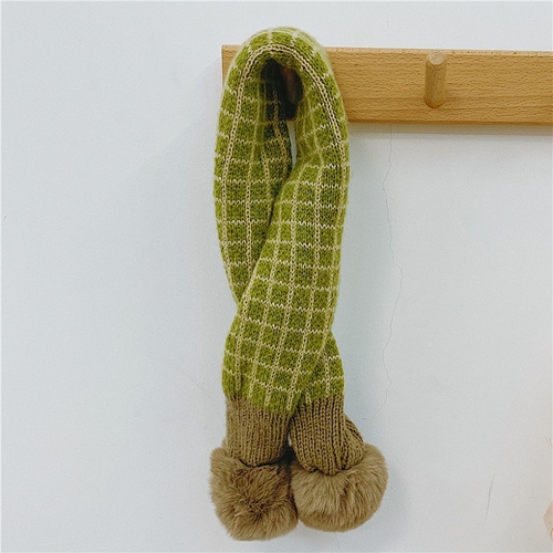 兒童日系雙毛球針織圍巾(綠米)
