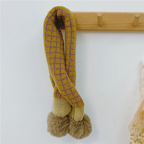 兒童日系雙毛球針織圍巾(薑黃)