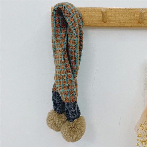 兒童日系雙毛球針織圍巾(藍咖)
