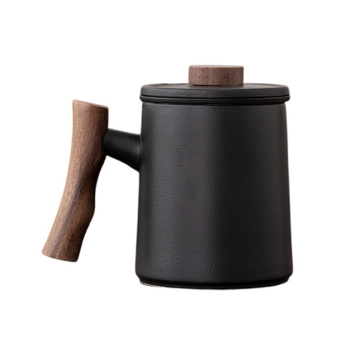 木柄濾茶帶蓋陶瓷杯(禮盒裝)(黑)